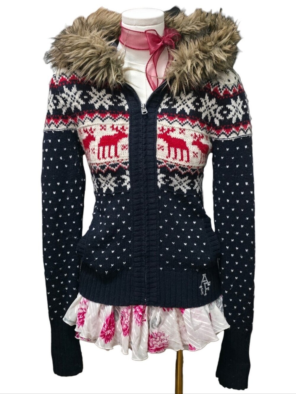 Abercrombie vintage navy blue knit pattern faux fur hood zip up sweater